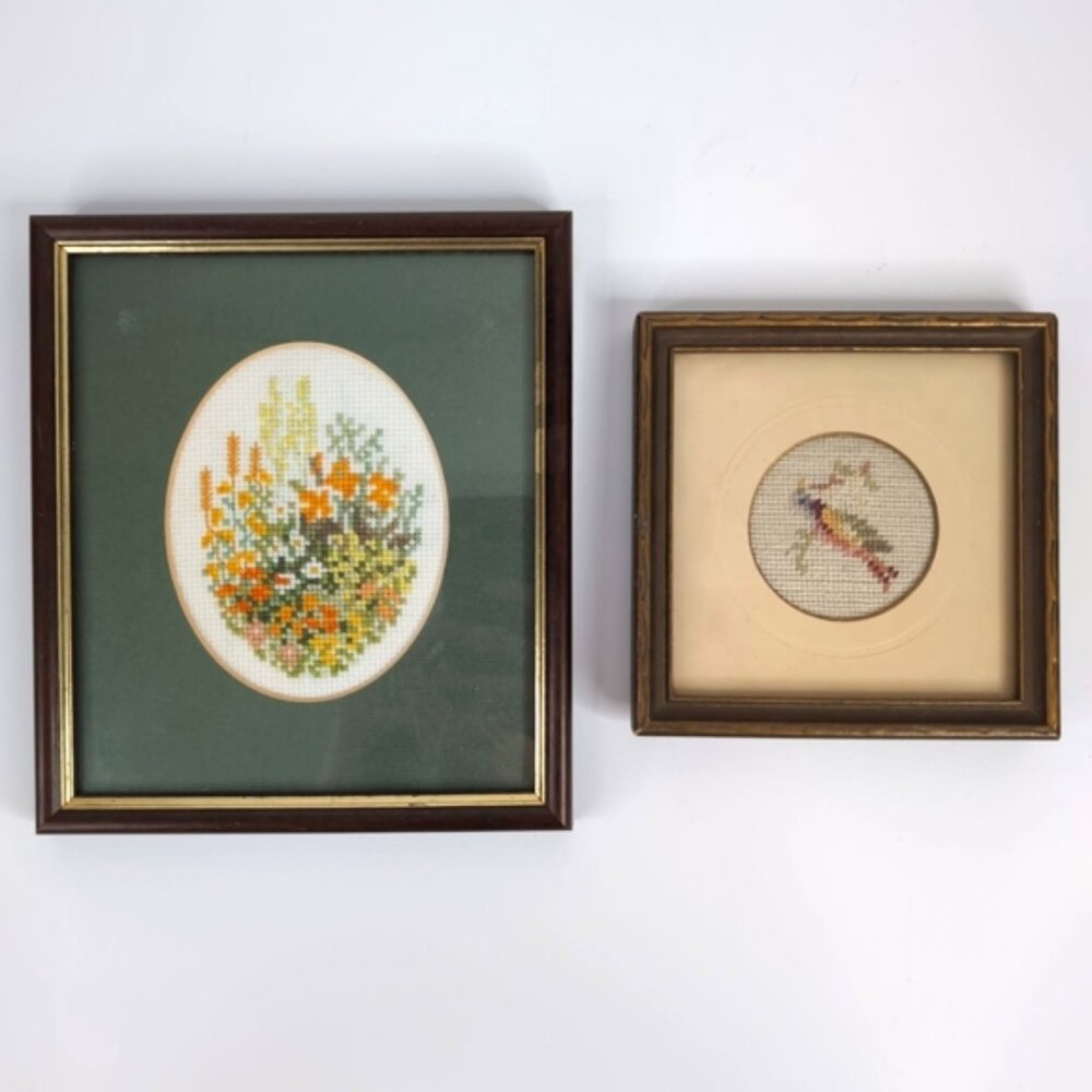 Vintage Needle Point Country Farmhouse Bird Floral Chic Tapestry Frame Set